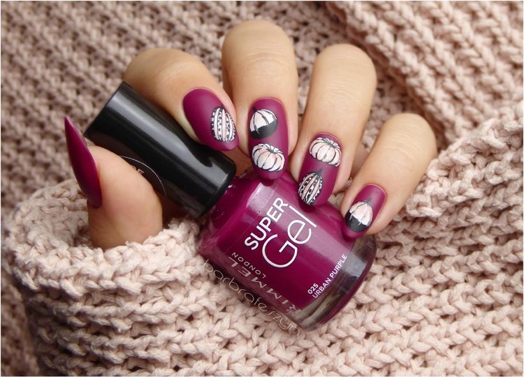 nail art ideas elegant bordeaux with matte finish and pumpkin decoration