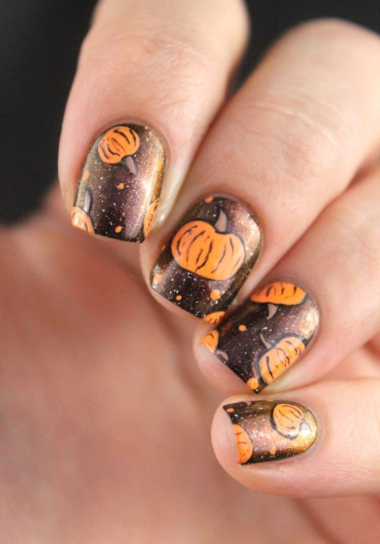 fall manicure brown varnish pumpkin nail art