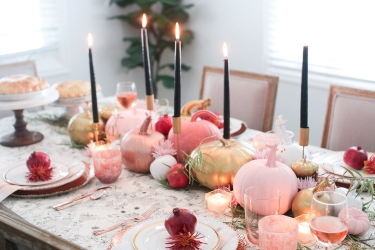 thanksgiving ideas pink and black fall table decor