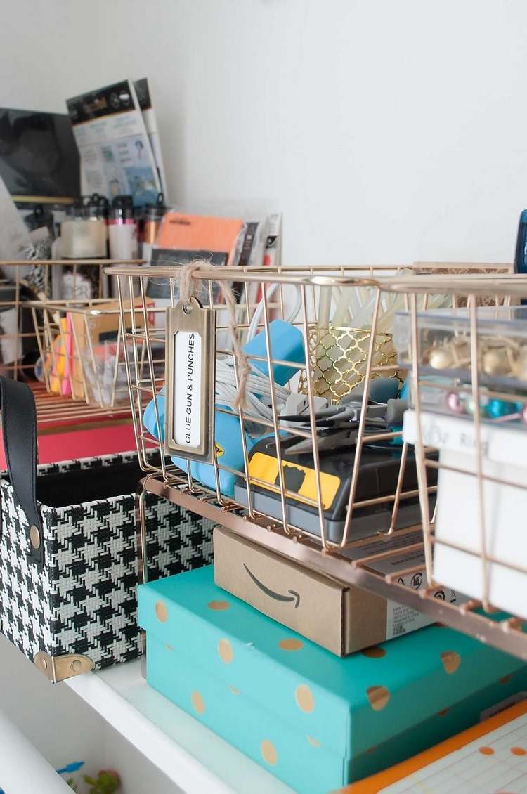 wire baskets and boxes office storage organization ideas