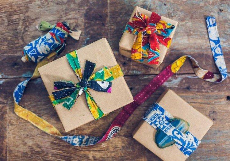 Christmas gift wrapping boho style craft paper ribbons fabric