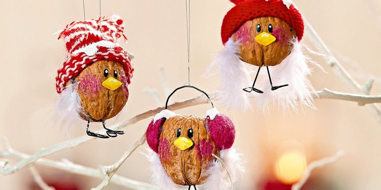 DIY walnut winter birds Christmas ornaments