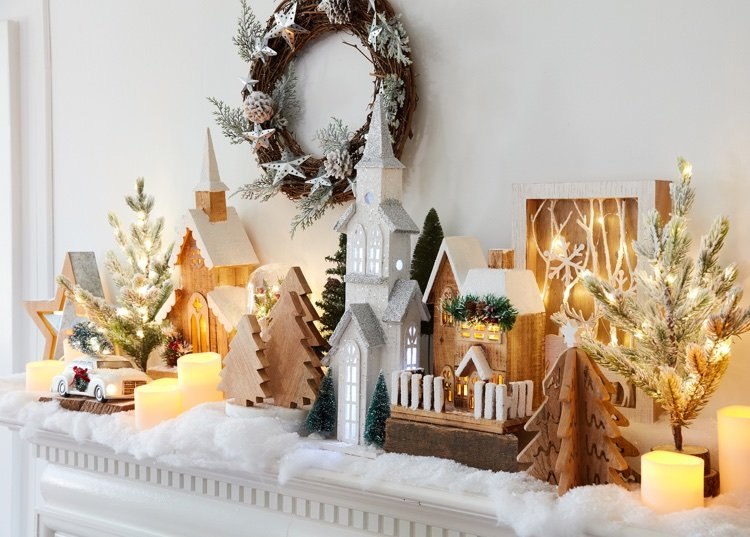 Festive home decor ideas Christmas village wreath lights