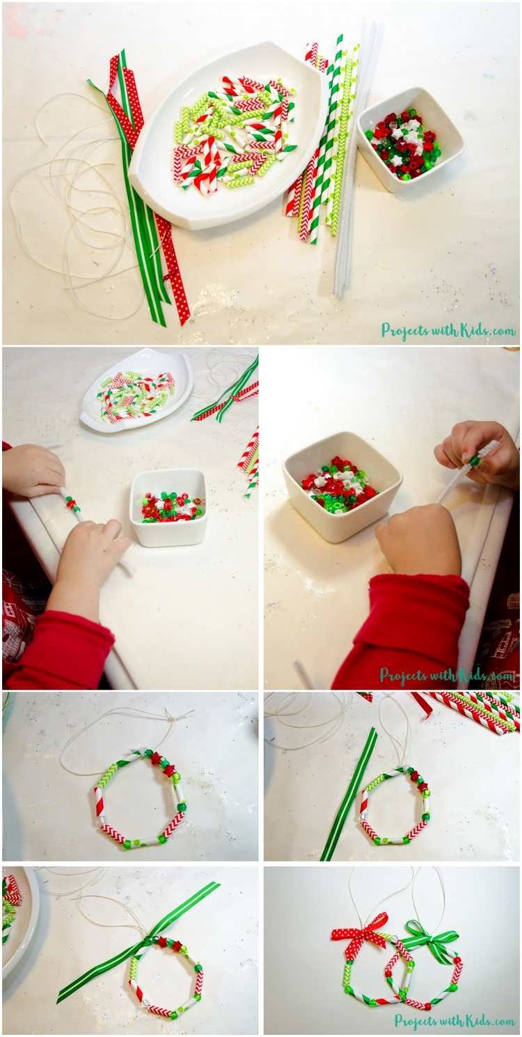 Paper Straw Christmas Wreath Ornaments craft ideas for kids step by step
