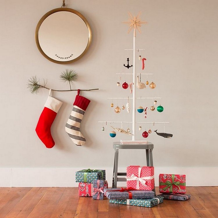 alternative Christmas tree and stockings on wall