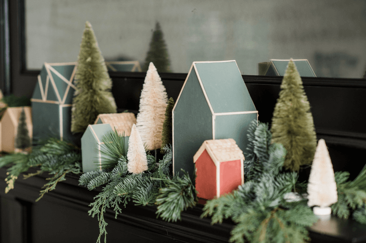decorative cardboard Christmas village fir branches