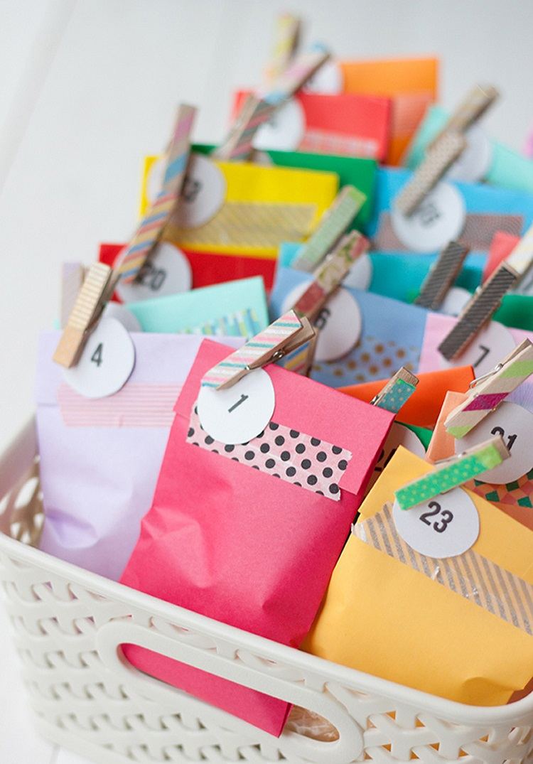 diy advent calender colored bags and decorative tape