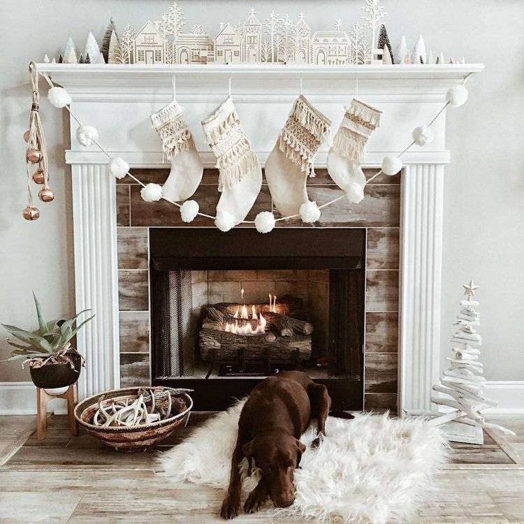 fireplace Christmas decorating ideas garland stockings village
