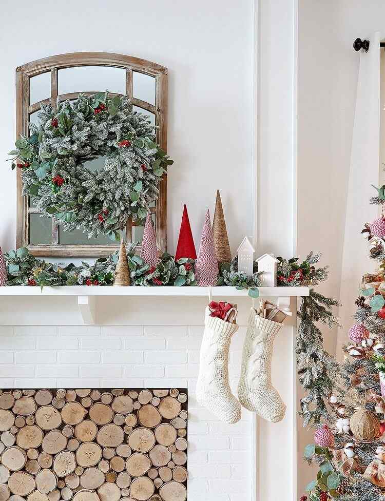 fireplace mantel decorating ideas Christmas village wreath fir branches