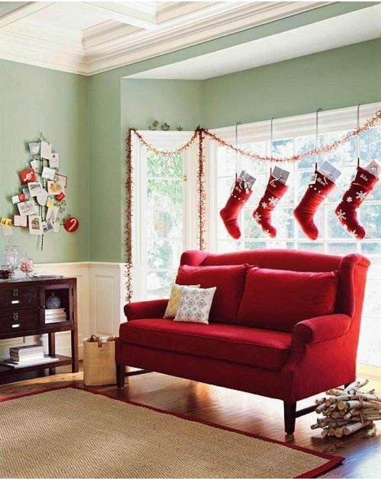 hang Christmas stockings on the curtain rod