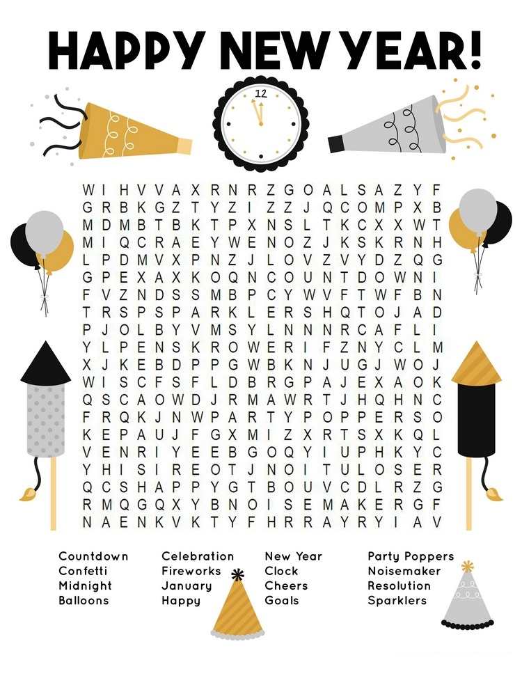 new years word search printable games for kids and adults