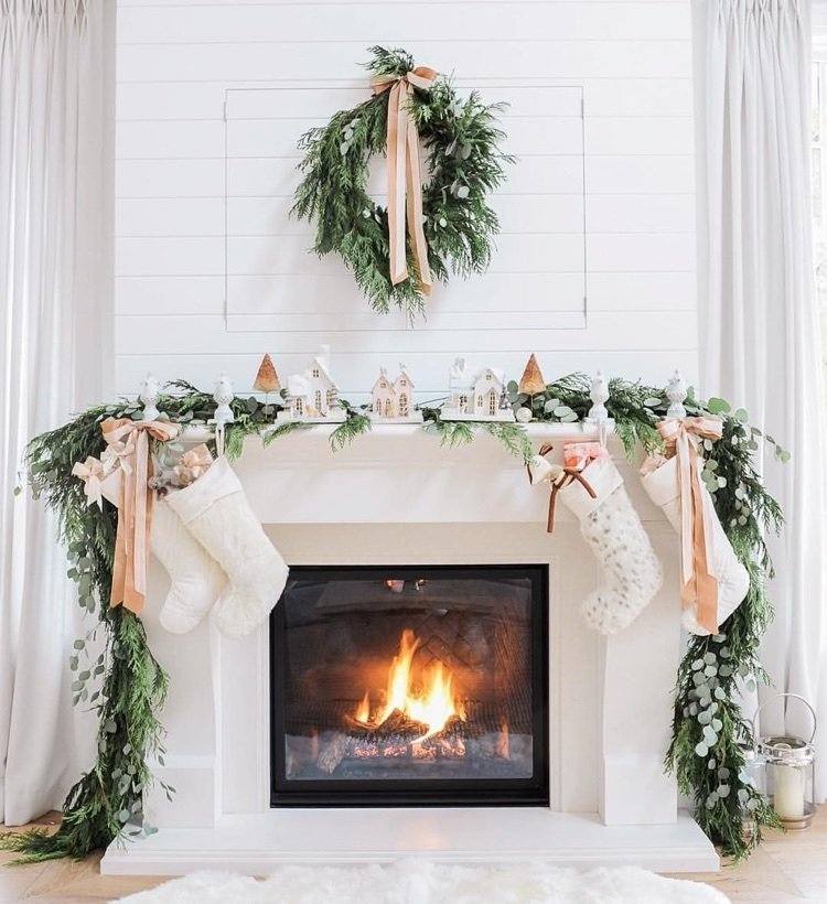 scandinavian style decor fireplace garland branches Christmas village