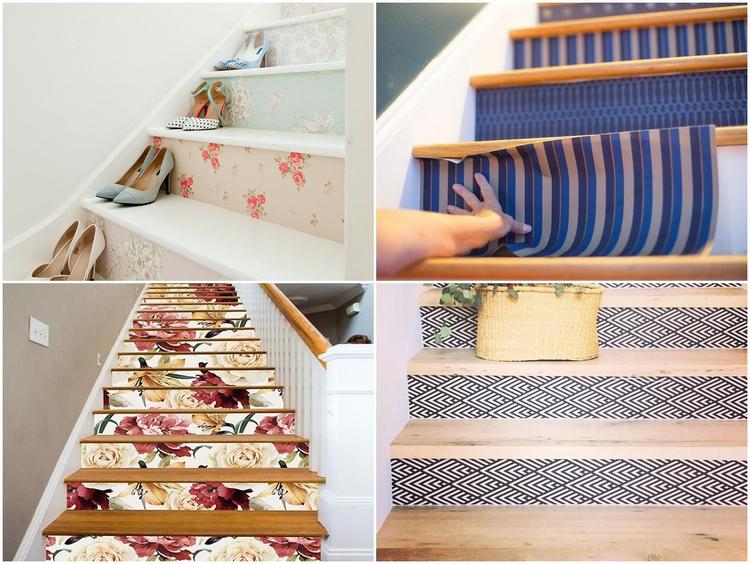 DIY staircase renovation ideas wallpaper remnants