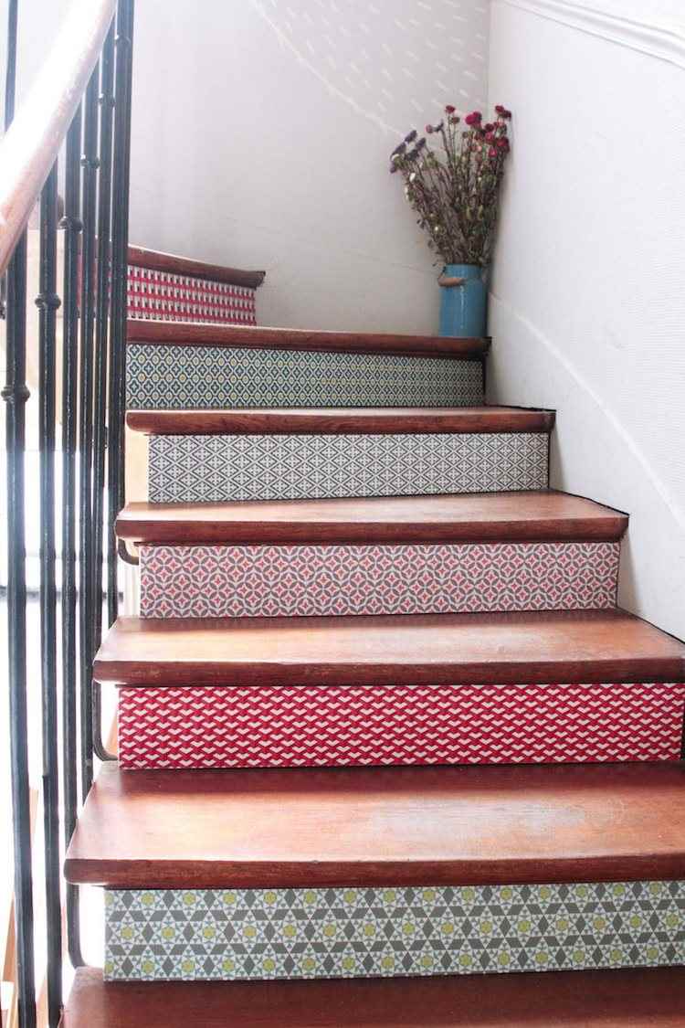 DIY staircase renovation stair riser decor with wallpaper