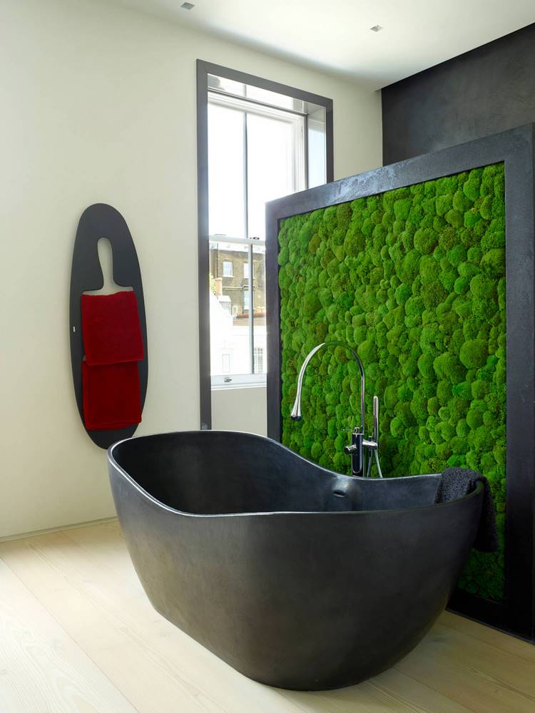 freestanding bathtub and living wall vertical moss garden decor ideas