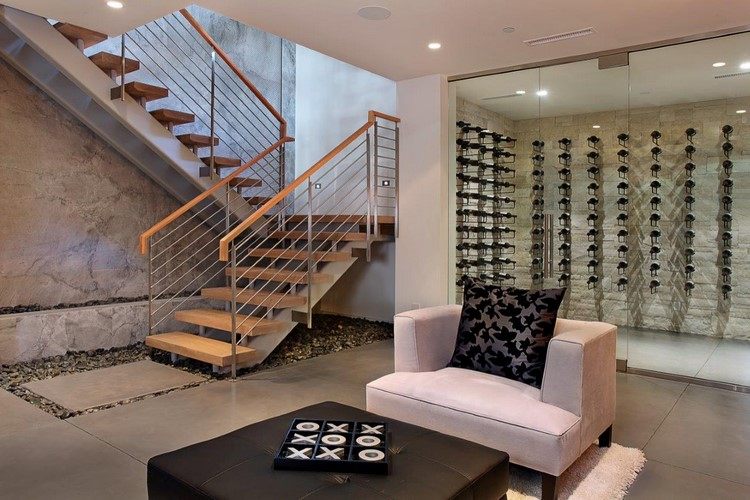wine cellar with glass doors in basement