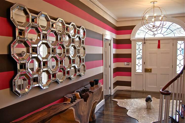 striped wallpaper large mirror house foyer design ideas
