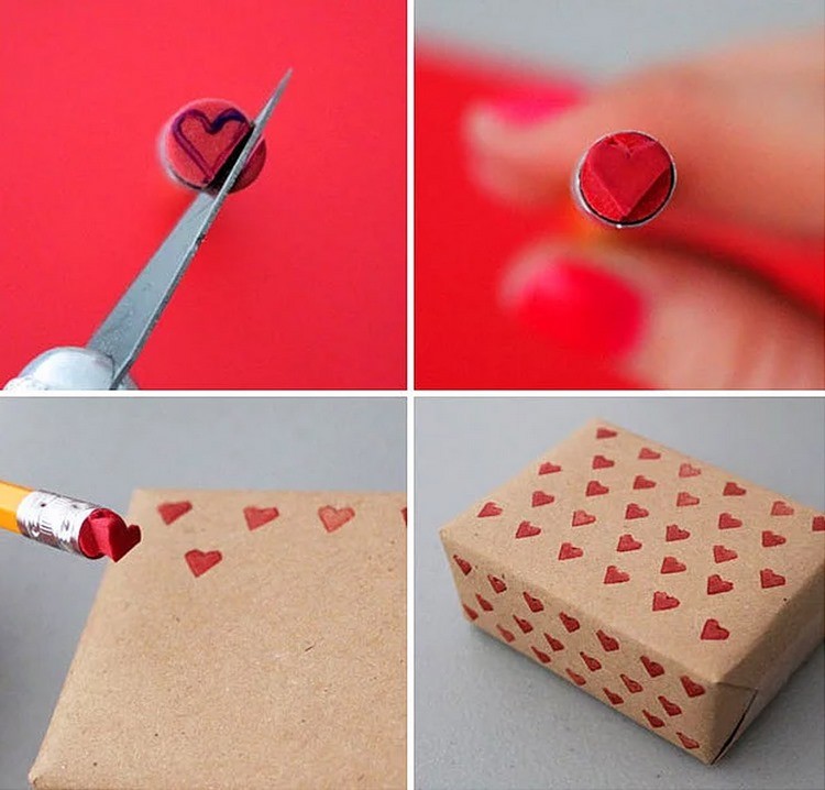 DIY Eraser heart stamp gift wrap