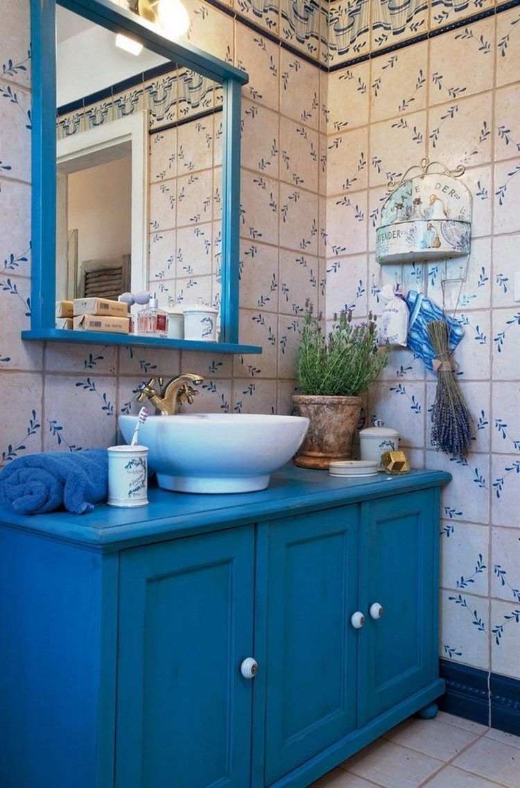 blue vanity cabinet and mirror frame bathroom ideas Provence style