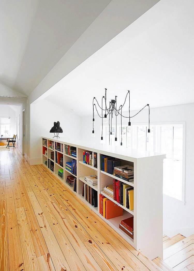 half wall with open shelves interior staircase design ideas