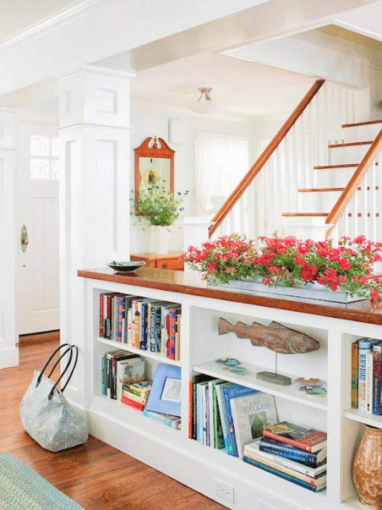 house entryway ideas half wall with storage shelves