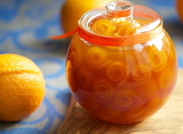 homemade orange peel preserve in glass jar