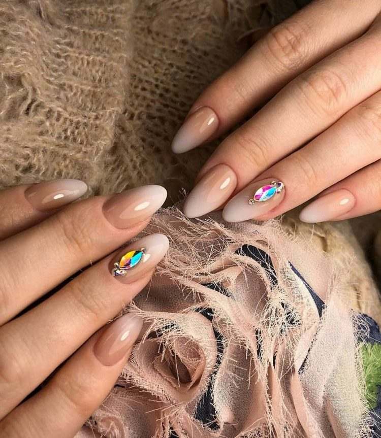 ombre milky nails with rhinestones decoration