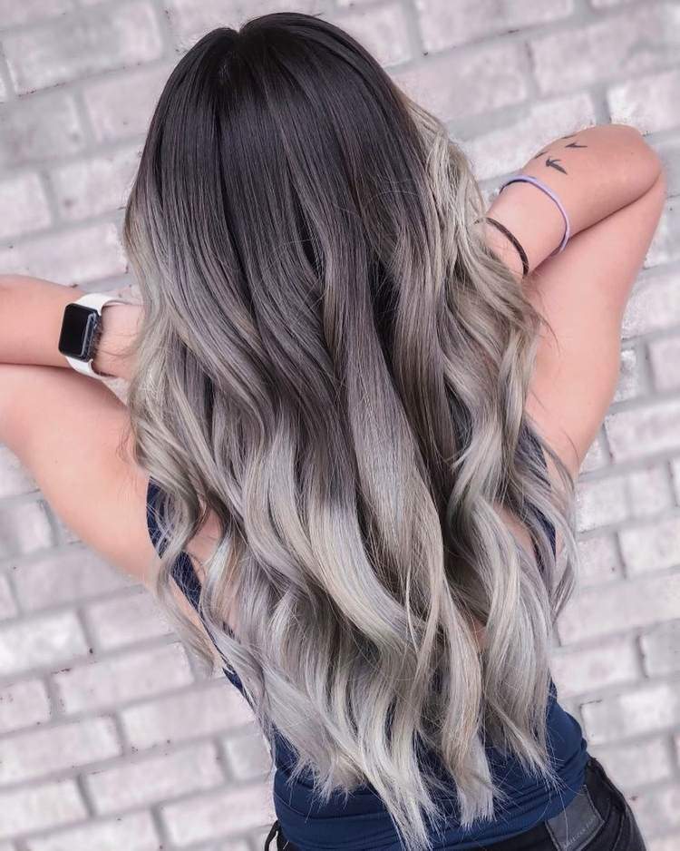 Balayage from brown to gray and platinum blonde