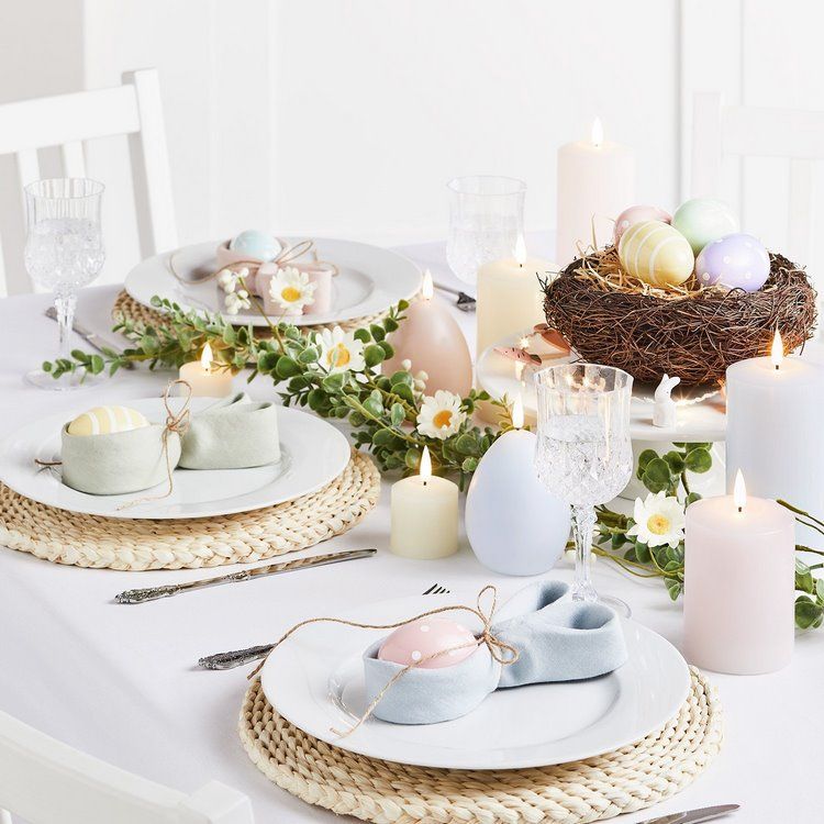Easter Table Setting Candles Garland bunny ears napkins