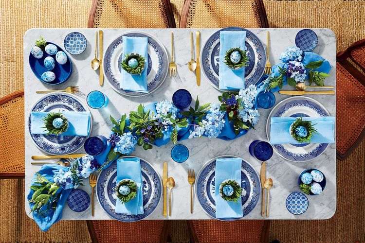 Easter tablescape in contrasting white and blue colors