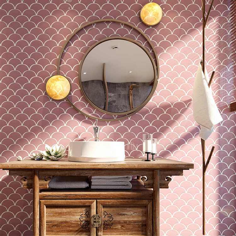 Pink bathroom tile fish scale fan shaped mosaic