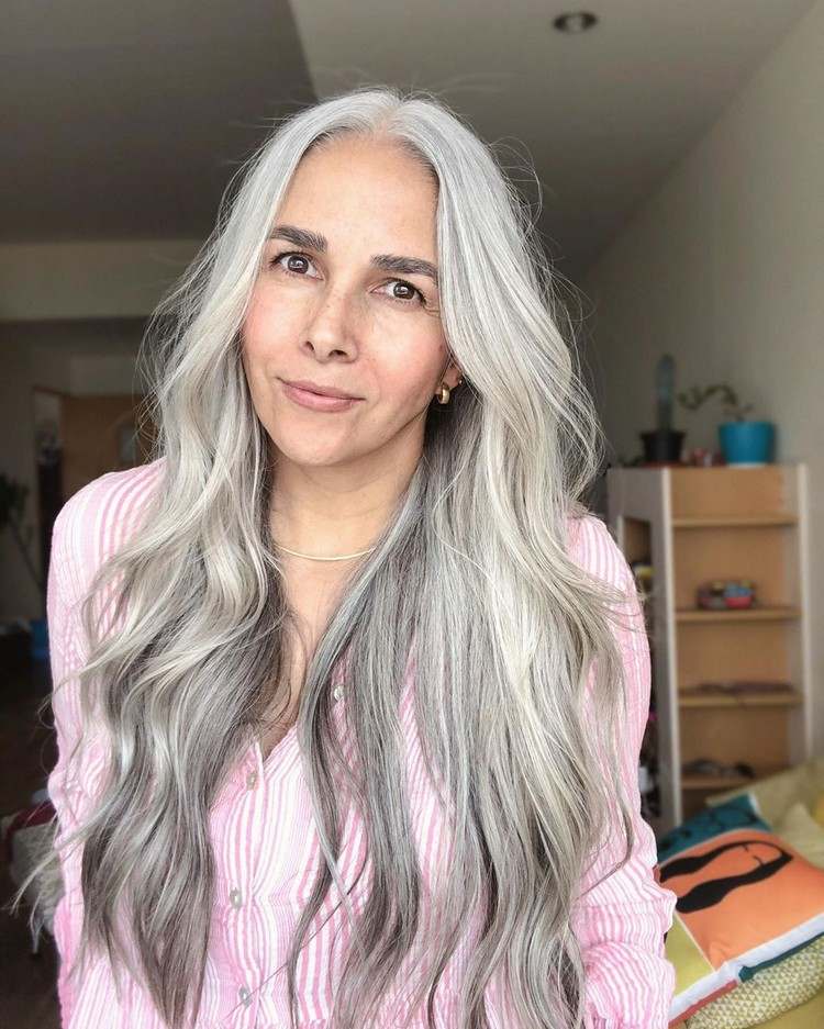 Style long gray hair with beach waves