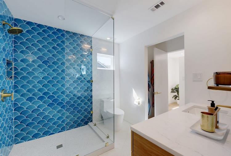 Turquoise shower bathroom design and decorating ideas