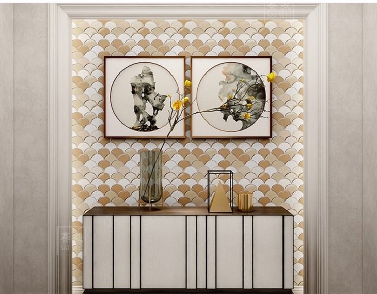 accent wall entryway ideas white beige fish scale tiles