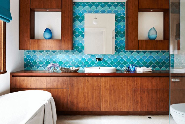 accent wall in bathroom blue wall tiles