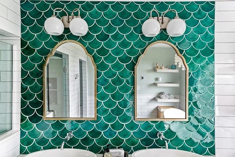 accent wall in bathroom ideas green fish scale tiles