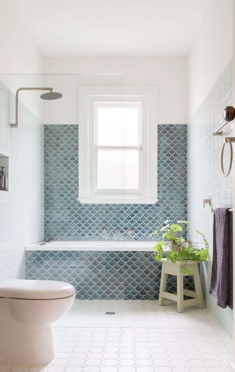 bathroom tile ideas fish scale pattern accent wall