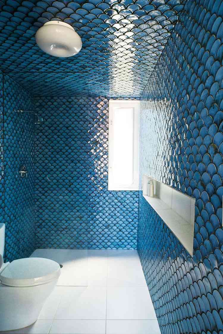 blue fish scale tiles bathroom wall and ceiling ideas