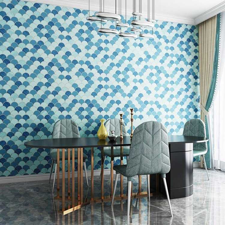blue white tile dining room accent wall