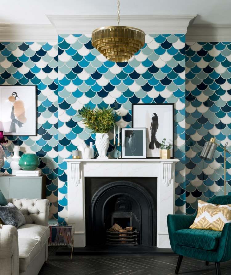 blue white turquoise fish scale tiles wall accent living room