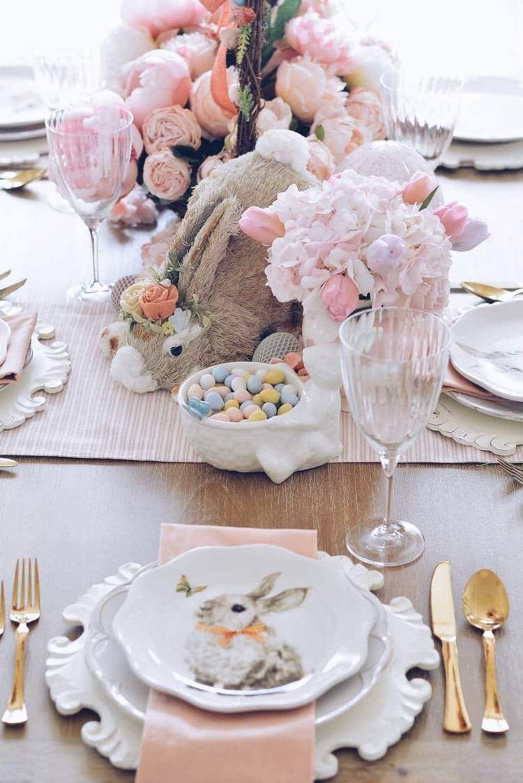 blush and white Easter table with floral centerpiece