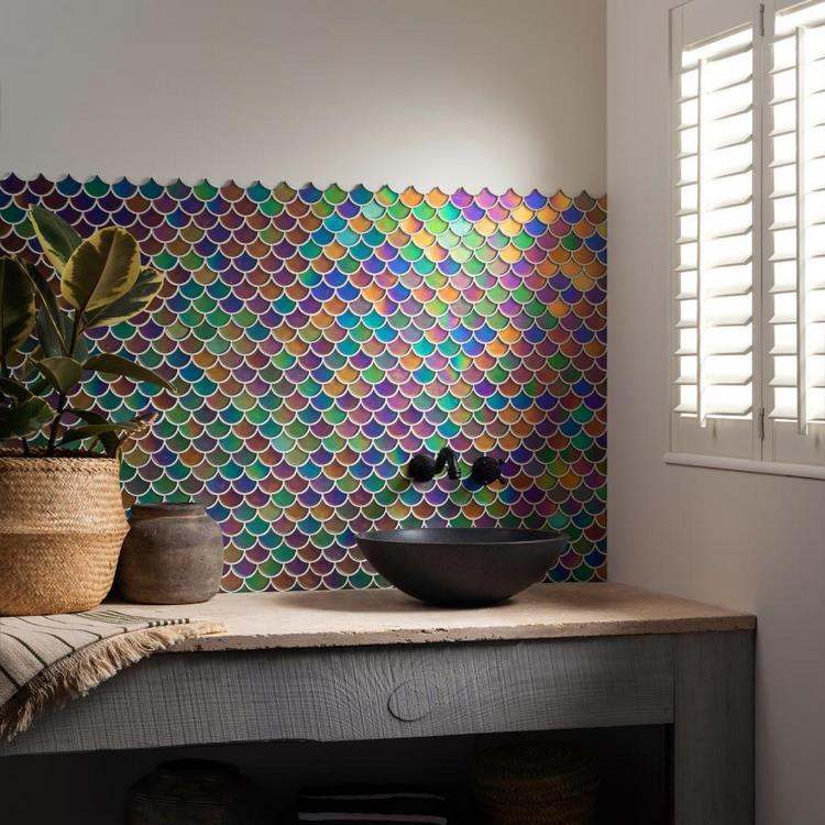 colorful backsplash in bathroom fish scale tile ideas