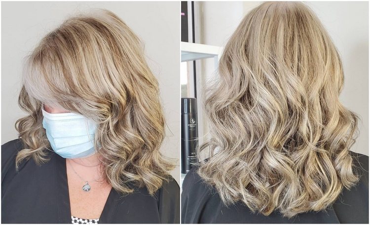 conceal gray hair with brown and blonde highlights
