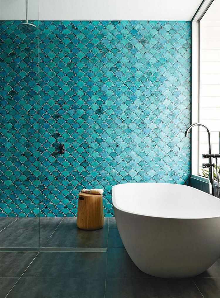 bathroom design freestanding tub blue accent wall