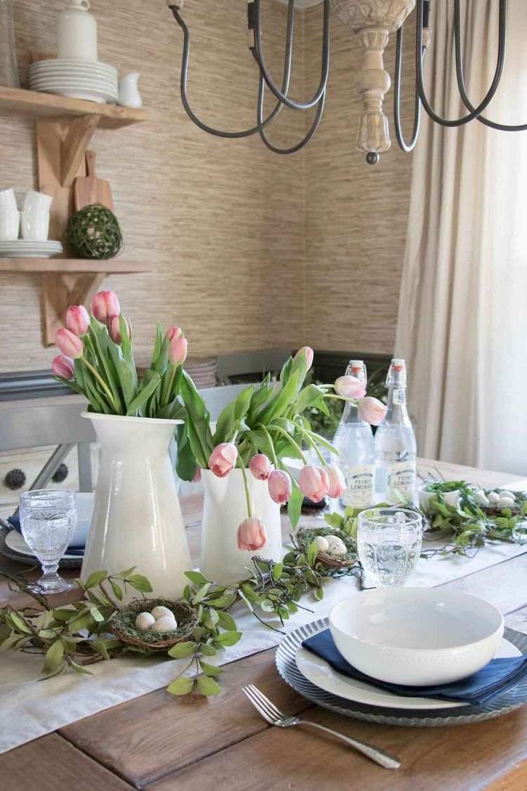 easter table decorating ideas table runner and fresh flowers