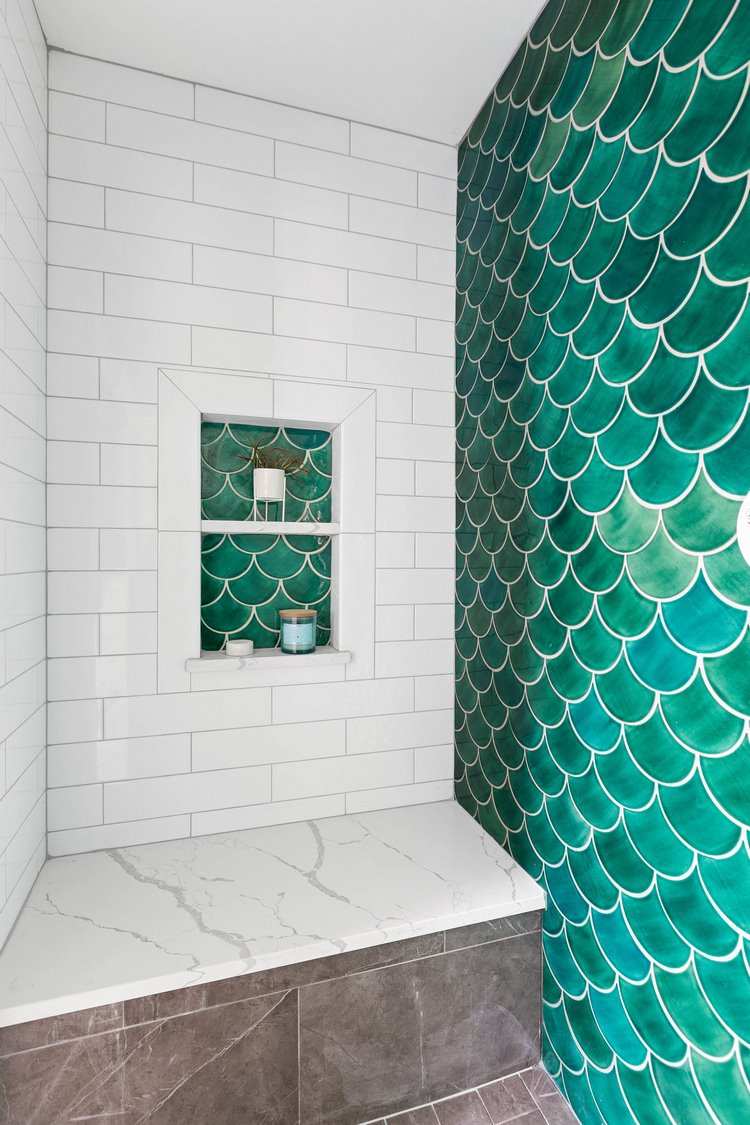 green accent wall bathroom walk in shower ideas