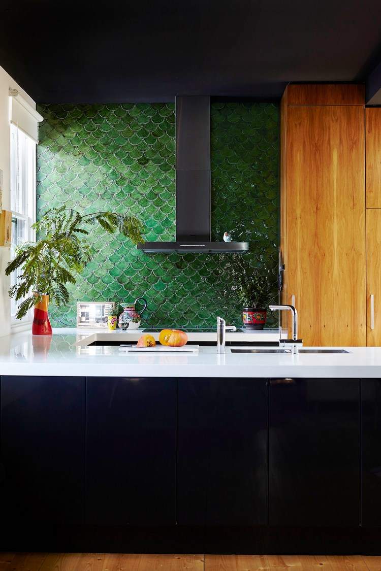 green fish scale tiles contemporary kitchen ideas