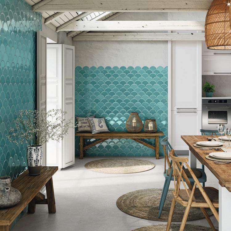 kitchen wall decorating with aqua blue tiles