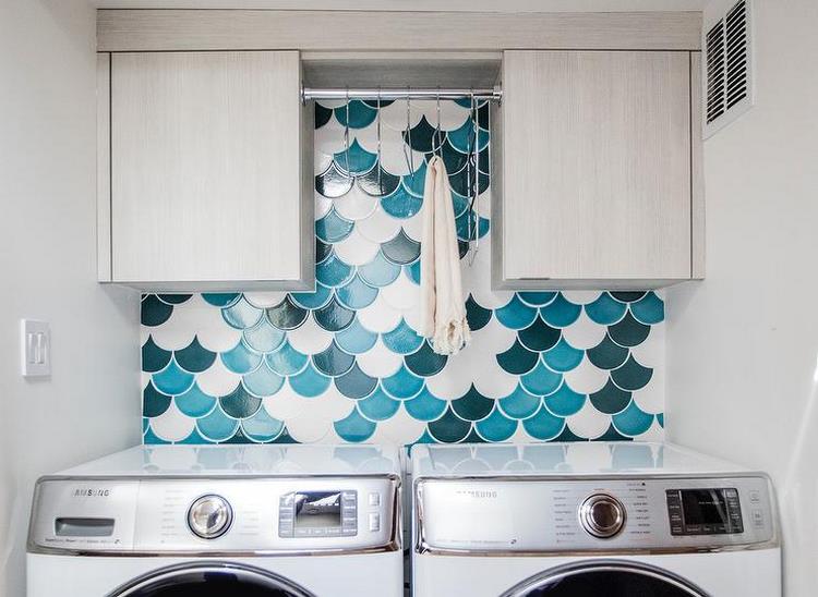 laundry room cabinets and white blue backsplash tiles