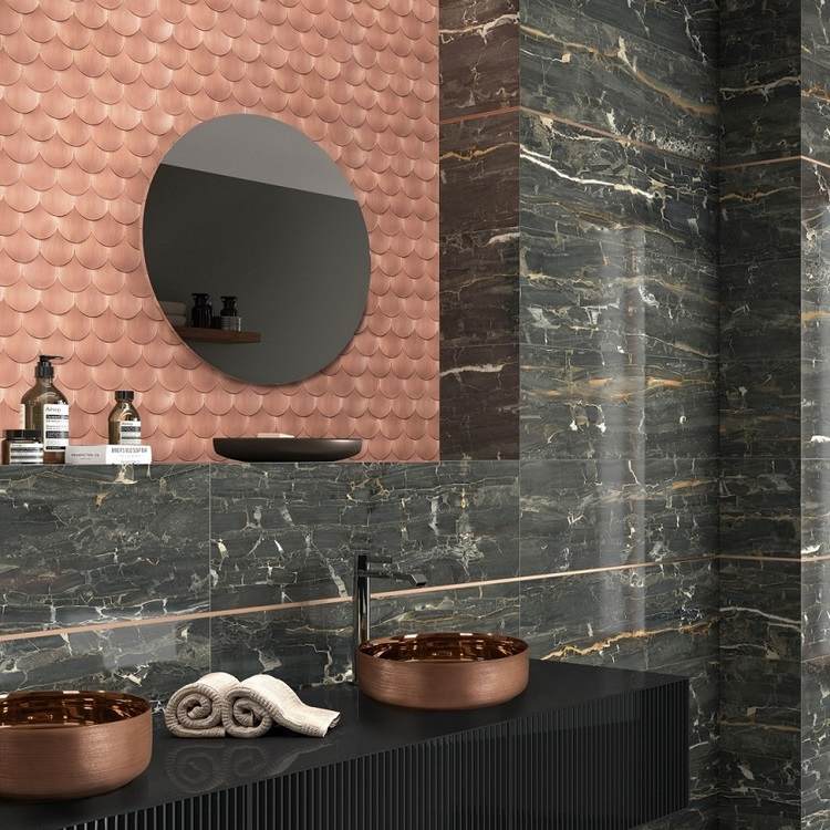master bathroom ideas black marble and fish scale tiles